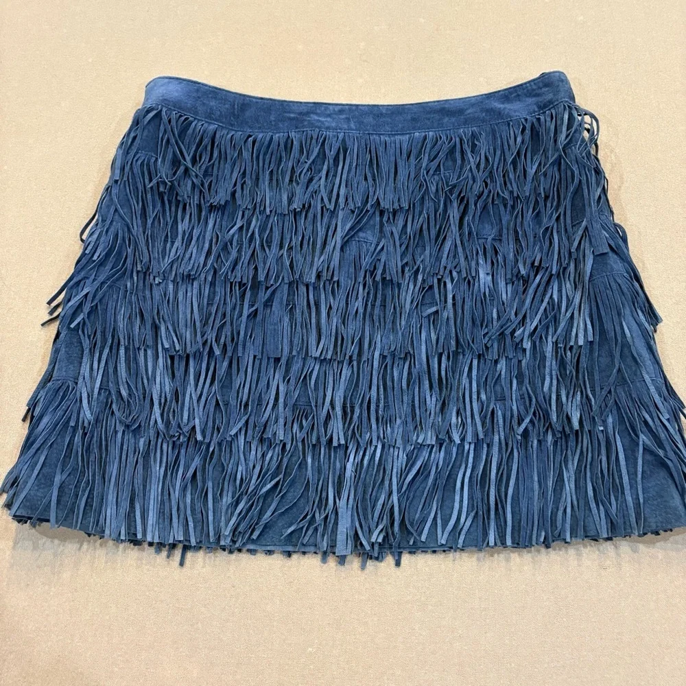 Michael Kors Leather Fringe Boho Mini Skirt Blue Size 2